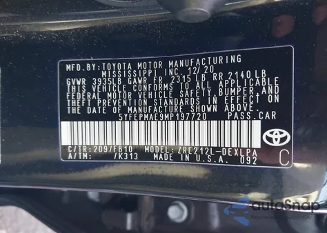 2021 Toyota Corolla Le z USA, uszkodzony, nr VIN 5YFEPMAE9MP197720